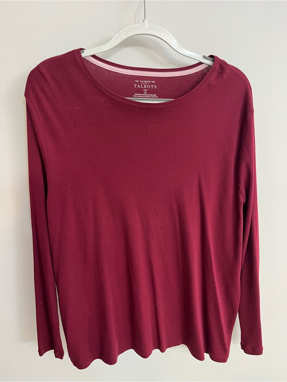 Like new!! Talbots 3X 100% Pima Cotton Burgundy Long-Sleeve Crewneck Tee